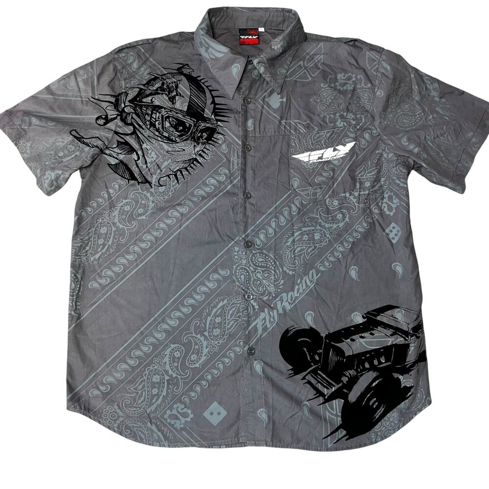 Fly Racing Y2K graphic Button Up Shirt Mens size large Gray Moto BMX dice